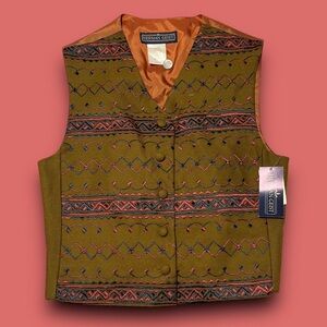 Herman Geist Olive Embroidered Wool Vest Size Small 90s Boho Hippie